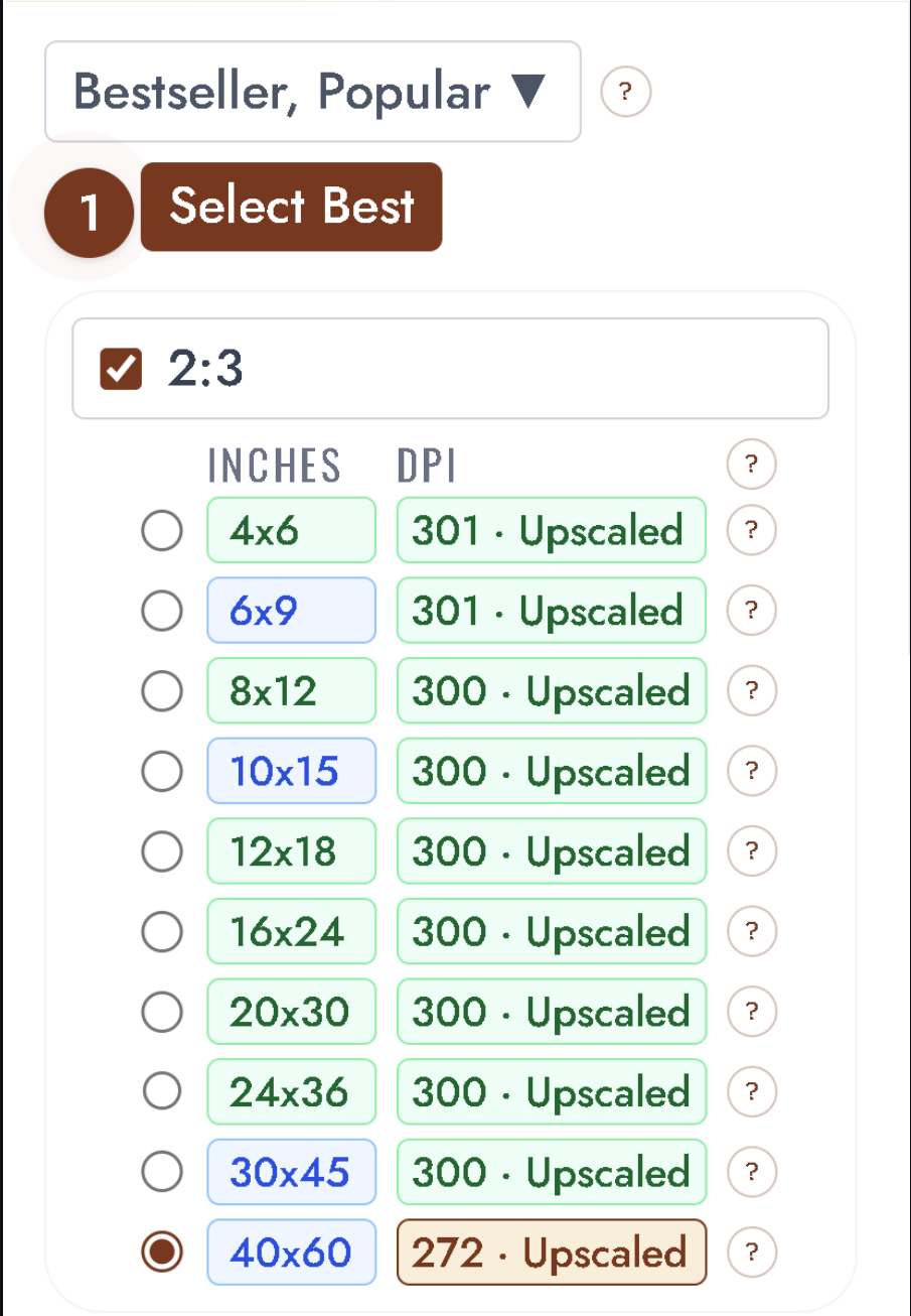 Guided crop mode recommending print sizes and upscale choices